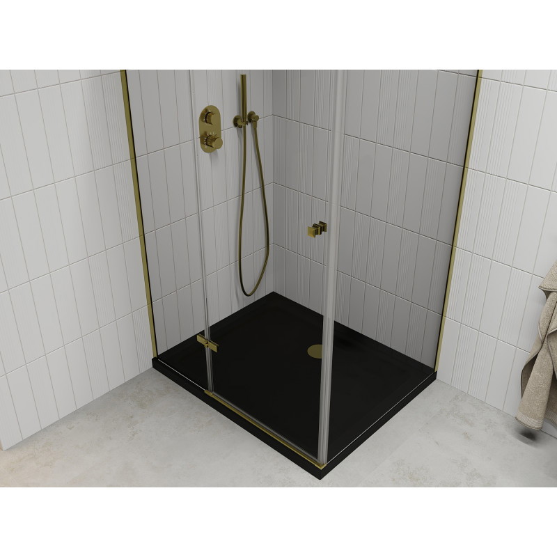 Mexen Roma cabine de douche battante 120 x 80 cm, transparente, dorée + receveur plat, noir - 854-120-080-50-00-4070G