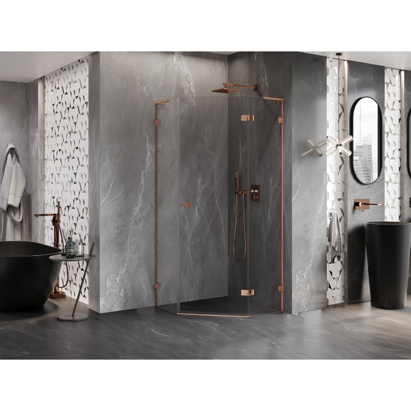 Mexen Lunar L cabine de douche pentagonale pivotante droite 100 x 100 cm, transparente, or rose - 831L-100P-100L-60-00-P