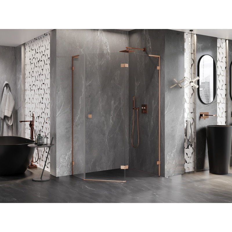 Mexen Lunar L cabine de douche pentagonale à charnière droite 100 x 80 cm, transparent, cuivre brossé