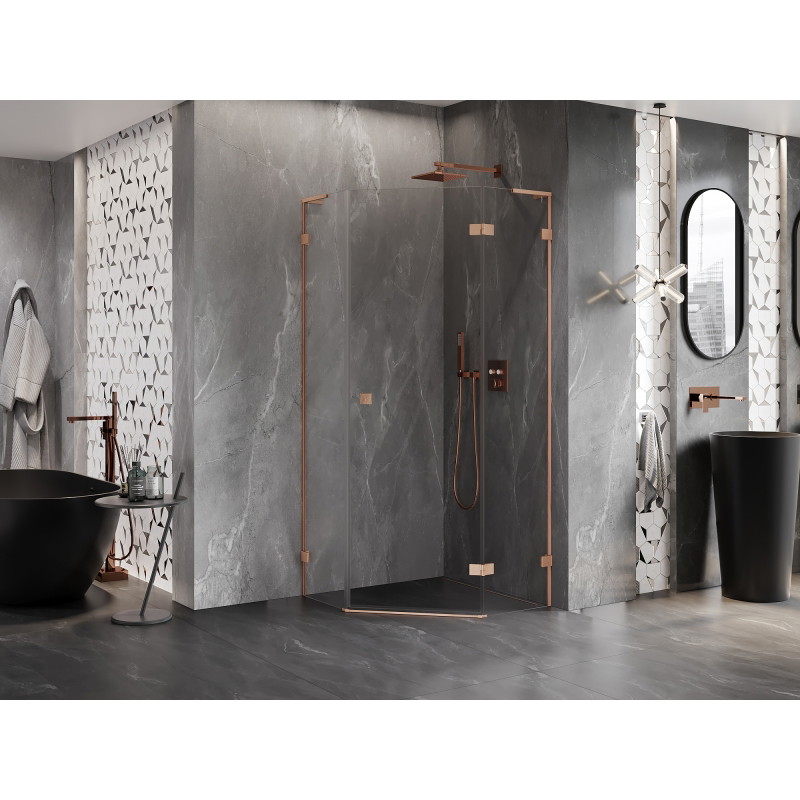 Mexen Lunar L cabine de douche pentagonale battante droite 100x100 cm, transparent, cuivre brossé - 831L-100P-100L-65-00-P
