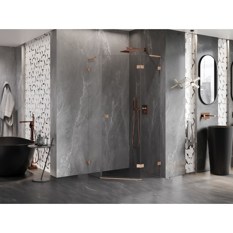 Mexen Lunar L cabine de douche pentagonale battante droite 100x100 cm, transparent, cuivre brossé - 831L-100P-100L-65-00-P