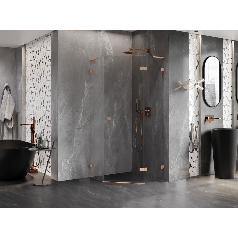 Mexen Lunar L cabine de douche pentagonale pivotante droite 100x100 cm, transparent, cuivre brossé - 831L-100P-100L-65-00-P