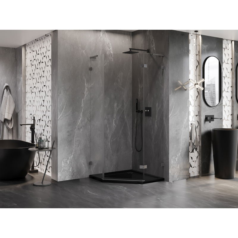 Mexen Lunar L cabine de douche pentagonale battante droite 80x80 cm, transparent, gris canon brossé - 831L-080P-080L-66-00-P
