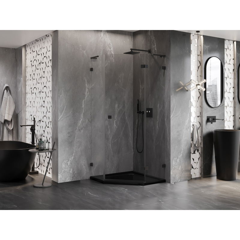 Mexen Lunar L cabine de douche pentagonale pivotante droite 90 x 90 cm, transparent, noir - 831L-090P-090L-70-00-P