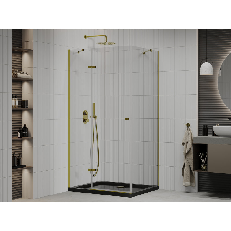 Mexen Roma cabine de douche pivotante 120 x 90 cm, transparent, or + bac à douche Flat, noir - 854-120-090-50-00-4070G