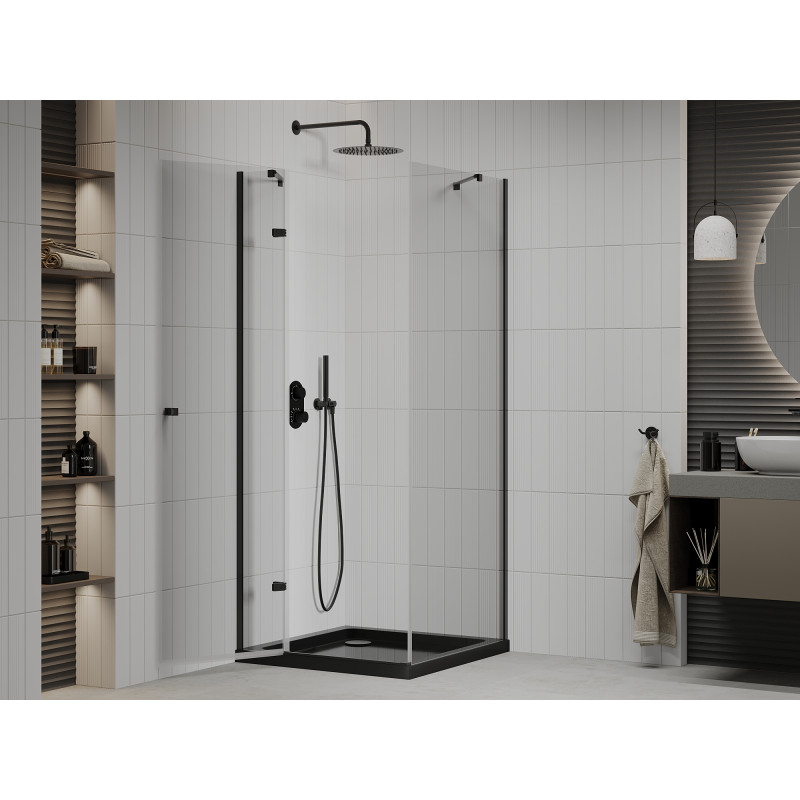 Mexen Roma cabine de douche pivotante 80 x 80 cm, transparente, noire + receveur Flat, noir - 854-080-080-70-00-4070B