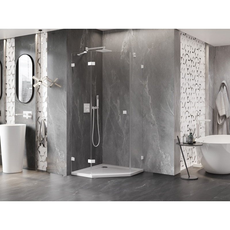Mexen Lunar cabine de douche pentagonale pivotante gauche 80 x 80 cm, transparent, blanc - 831-080L-080P-20-00-L