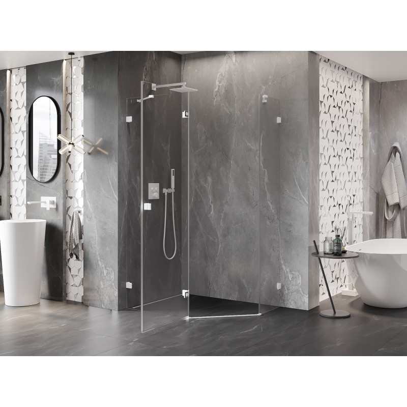 Mexen Lunar cabine de douche pentagonale pivotante gauche 90 x 80 cm, transparent, blanc - 831-090L-080P-20-00-L