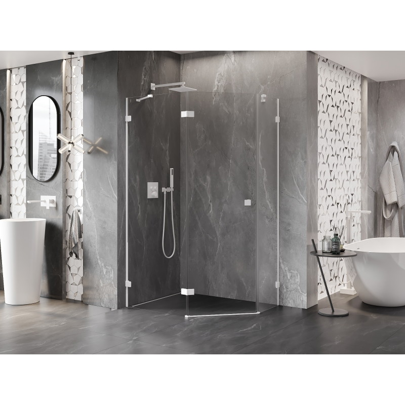 Mexen Lunar cabine de douche pentagonale pivotante gauche 90 x 80 cm, transparent, blanc - 831-090L-080P-20-00-L
