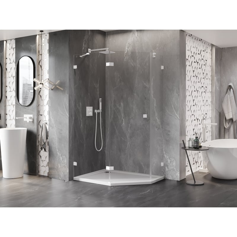 Mexen Lunar cabine de douche pentagonale pivotante gauche 100 x 90 cm, transparent, blanc - 831-100L-090P-20-00-L
