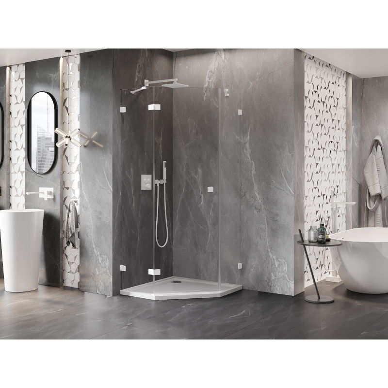 Mexen Lunar cabine de douche pentagonale pivotante gauche 100 x 100 cm, transparent, blanc - 831-100L-100P-20-00-L