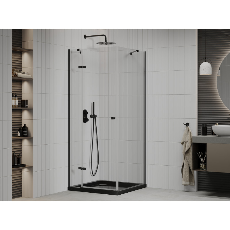 Mexen Roma cabine de douche pivotante 90 x 90 cm, transparente, noire + receveur Flat, noir - 854-090-090-70-00-4070B