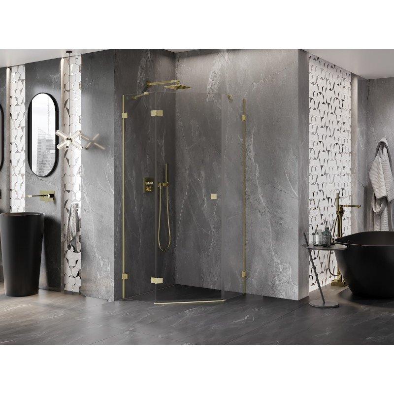Mexen Lunar cabine de douche pentagonale pivotante gauche 80 x 80 cm, transparent, or brossé - 831-080L-080P-55-00-L