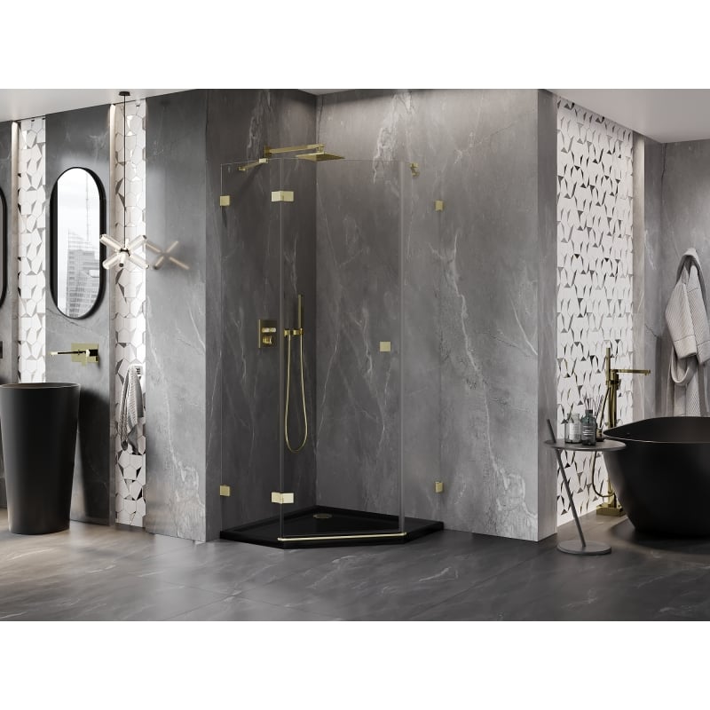 Mexen Lunar cabine de douche pentagonale pivotante gauche 90 x 90 cm, transparent, or brossé - 831-090L-090P-55-00-L