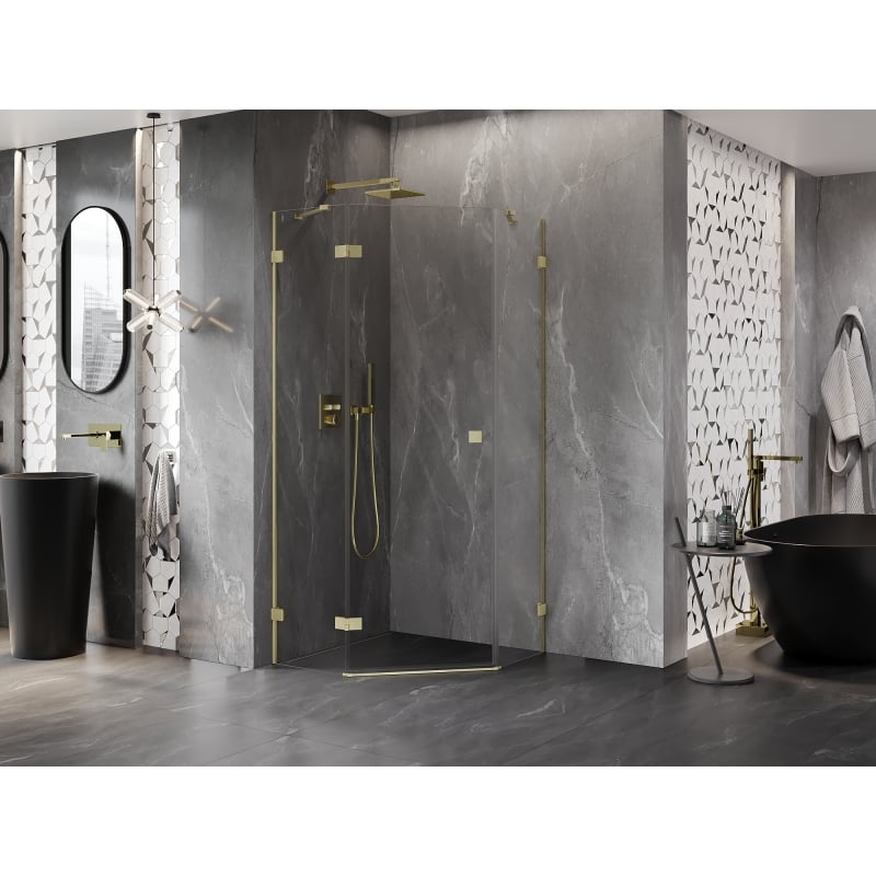 Mexen Lunar cabine de douche pentagonale pivotante gauche 90 x 90 cm, transparent, or brossé - 831-090L-090P-55-00-L