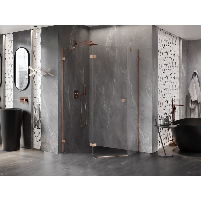 Mexen Lunar cabine de douche pentagonale pivotante gauche 100 x 80 cm, transparent, cuivre brossé - 831-100L-080P-65-00-L