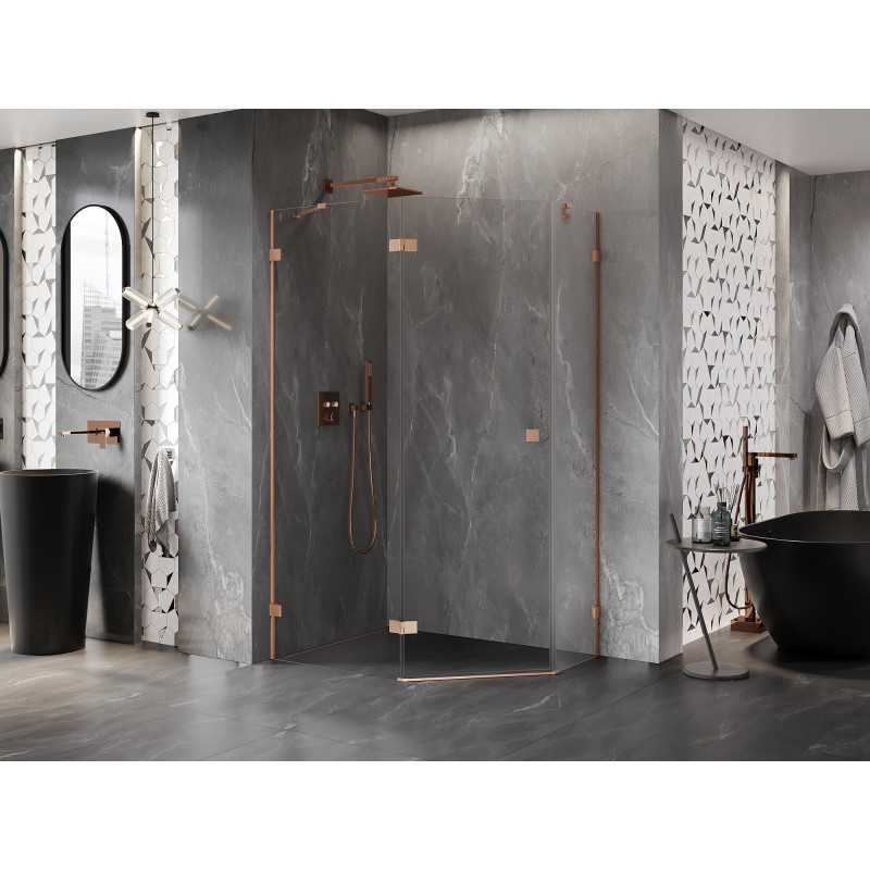 Mexen Lunar cabine de douche pentagonale pivotante gauche 100 x 90 cm, transparent, cuivre brossé - 831-100L-090P-65-00-L