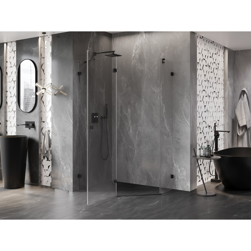 Mexen Lunar cabine de douche pentagonale pivotante gauche 90 x 80 cm, transparente, noire - 831-090L-080P-70-00-L