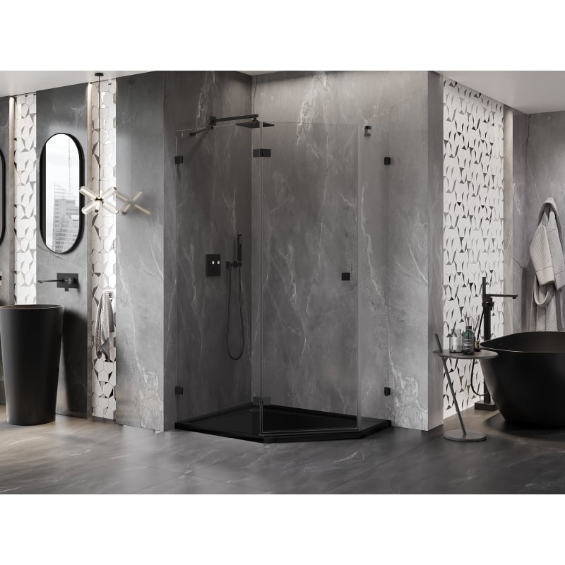 Mexen Lunar cabine de douche pentagonale pivotante gauche 100 x 80 cm, transparent, noir - 831-100L-080P-70-00-L