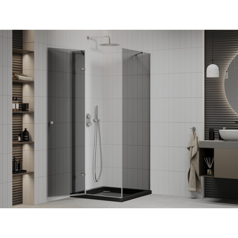 Mexen Roma cabine de douche pivotante 80 x 80 cm, graphite, chrome + bac à douche Flat, noir - 854-080-080-01-40-4070