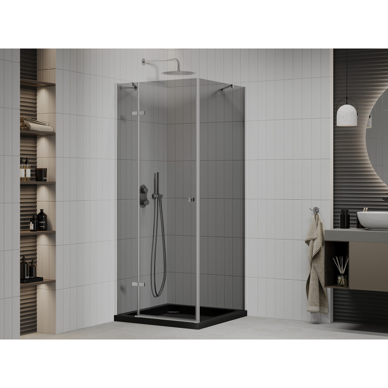 Mexen Roma cabine de douche pivotante 80 x 80 cm, graphite, chrome + bac à douche Flat, noir - 854-080-080-01-40-4070
