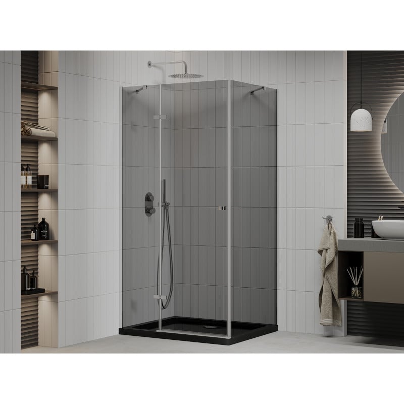 Mexen Roma cabine de douche pivotante 100 x 80 cm, graphite, chrome + receveur Flat, noir - 854-100-080-01-40-4070