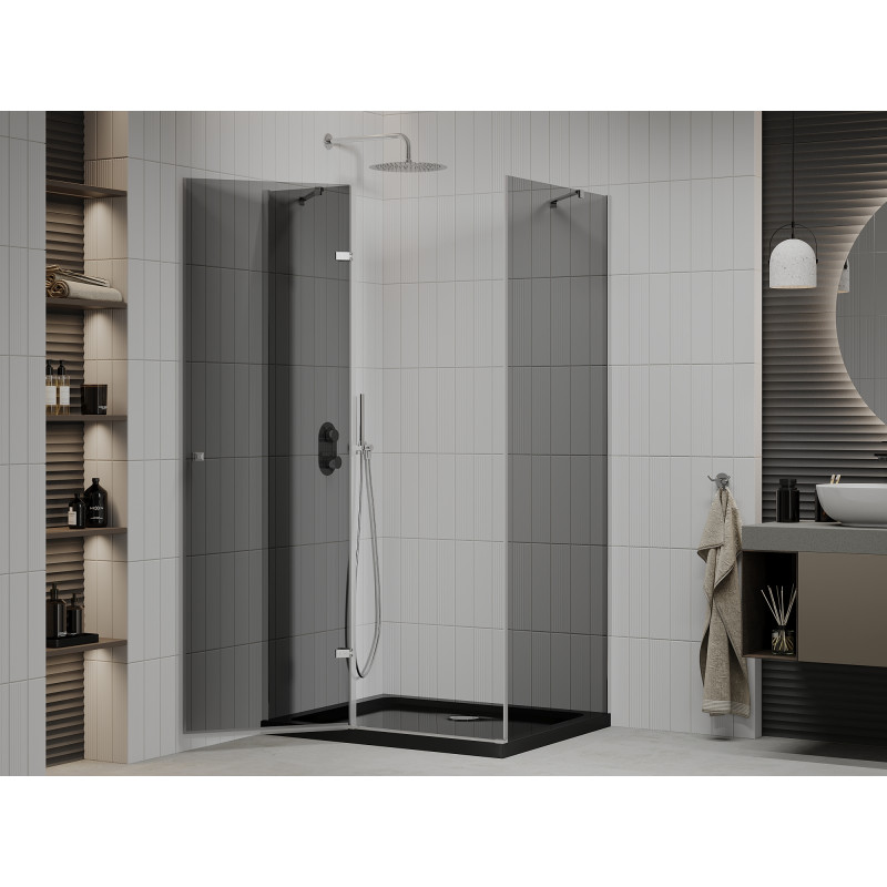 Mexen Roma cabine de douche à battant 100 x 90 cm, graphite, chrome + receveur de douche Flat, noir - 854-100-090-01-40-4070