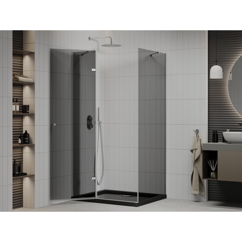 Mexen Roma cabine de douche pivotante 120 x 90 cm, graphite, chromé + receveur Flat, noir - 854-120-090-01-40-4070