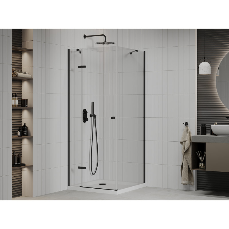 Mexen Roma cabine de douche pivotante 70 x 70 cm, transparente, noire + bac Flat, blanc - 854-070-070-70-00-4010B