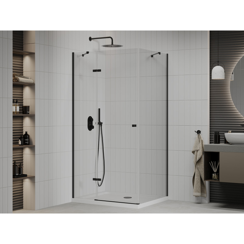 Mexen Roma cabine de douche pivotante 90 x 80 cm, transparente, noire + receveur Flat, blanc - 854-090-080-70-00-4010B