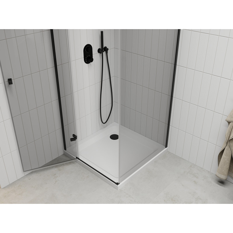 Mexen Roma cabine de douche pivotante 90 x 90 cm, transparent, noir + receveur Flat, blanc - 854-090-090-70-00-4010B