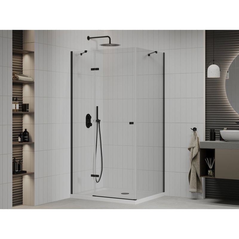 Mexen Roma cabine de douche pivotante 90 x 100 cm, transparent, noire + receveur plat, blanc - 854-090-100-70-00-4010B