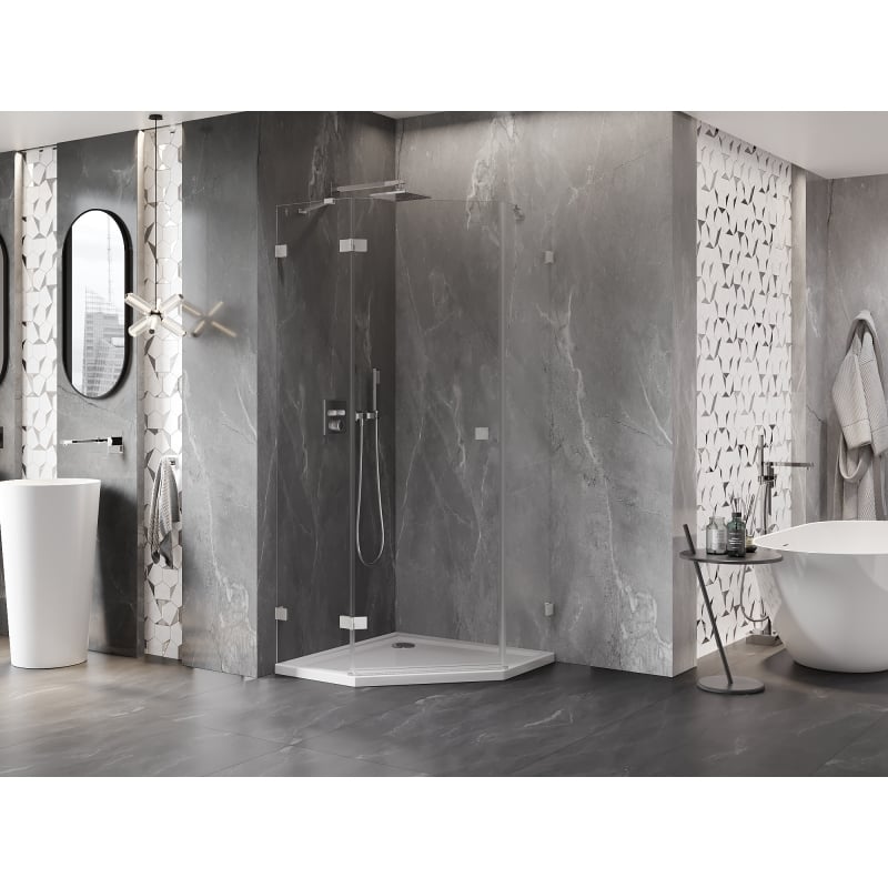 Mexen Lunar cabine de douche pentagonale pivotante gauche 80 x 80 cm, transparent, nickel brossé - 831-080L-080P-97-00-L