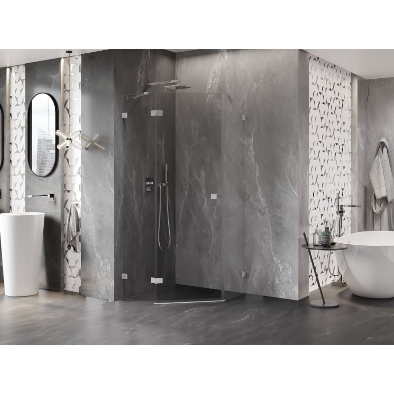 Mexen Lunar cabine de douche pentagonale pivotante gauche 100 x 100 cm, transparent, nickel brossé - 831-100L-100P-97-00-L