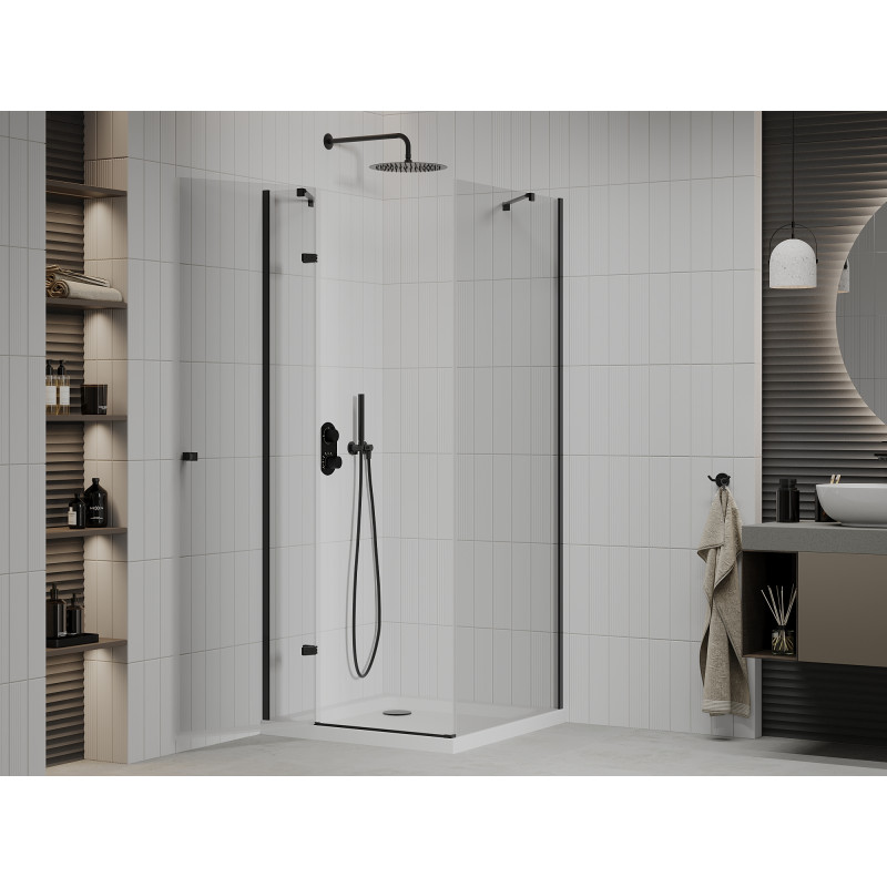 Mexen Roma cabine de douche pivotante 100 x 100 cm, transparent, noir + receveur Flat, blanc - 854-100-100-70-00-4010B