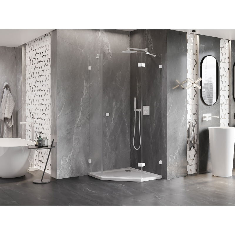 Mexen Lunar cabine de douche pentagonale pivotante droite 90 x 90 cm, transparente, blanche - 831-090P-090L-20-00-P