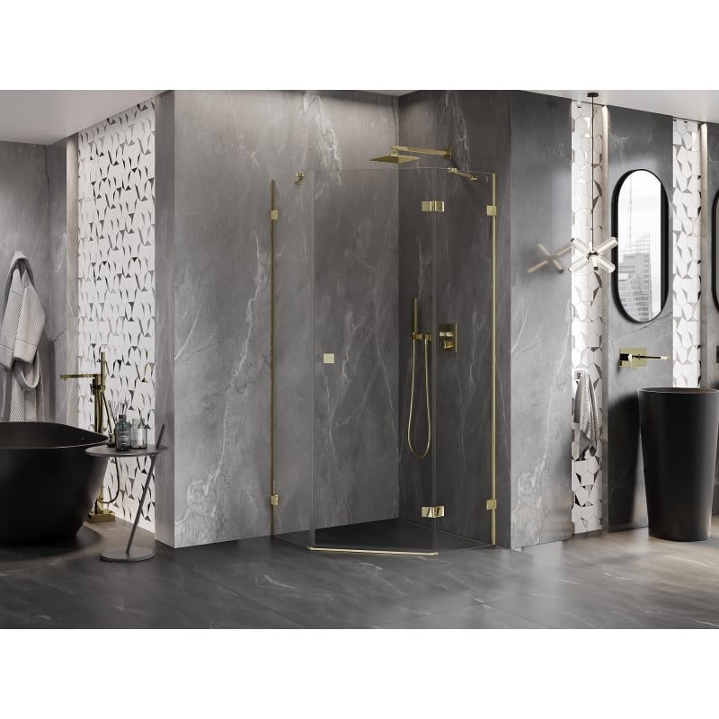 Mexen Lunar cabine de douche pentagonale pivotante droite 80 x 80 cm, transparent, or - 831-080P-080L-50-00-P