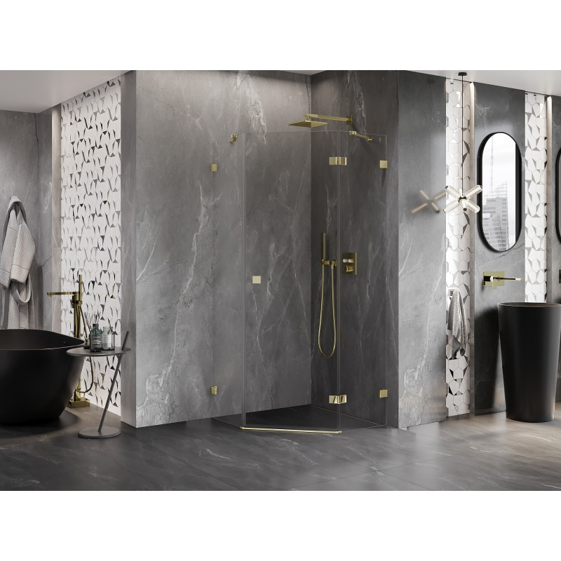 Mexen Lunar cabine de douche pentagonale pivotante droite 80 x 80 cm, transparent, or - 831-080P-080L-50-00-P