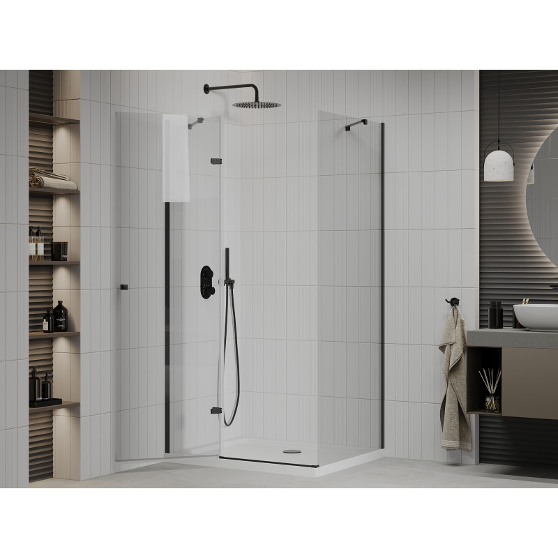 Mexen Roma cabine de douche pivotante 120 x 100 cm, transparent, noire + receveur Flat, blanc - 854-120-100-70-00-4010B