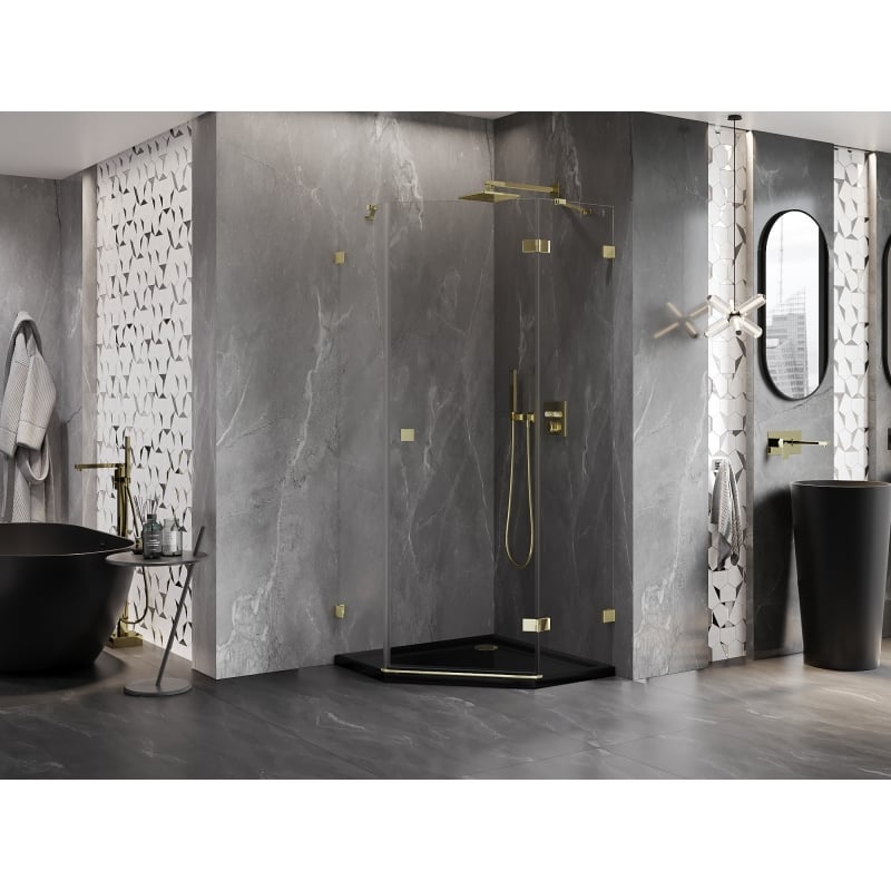 Mexen Lunar cabine de douche pentagonale pivotante droite 100 x 100 cm, transparente, dorée - 831-100P-100L-50-00-P