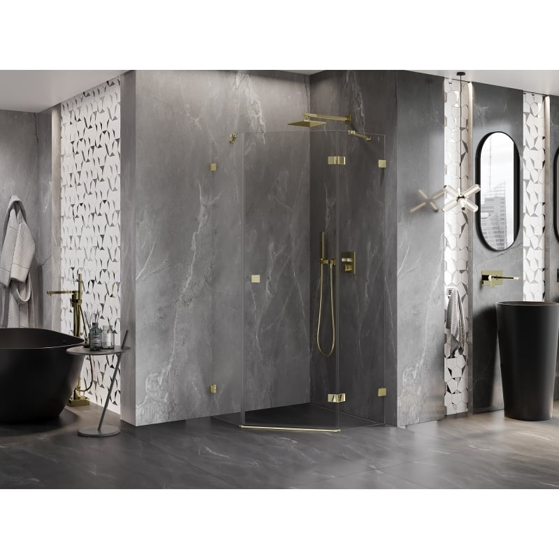 Mexen Lunar cabine de douche pentagonale pivotante droite 100 x 100 cm, transparente, dorée - 831-100P-100L-50-00-P