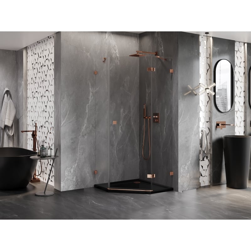 Mexen Lunar cabine de douche pentagonale pivotante droite 80 x 80 cm, transparent, or rose - 831-080P-080L-60-00-P