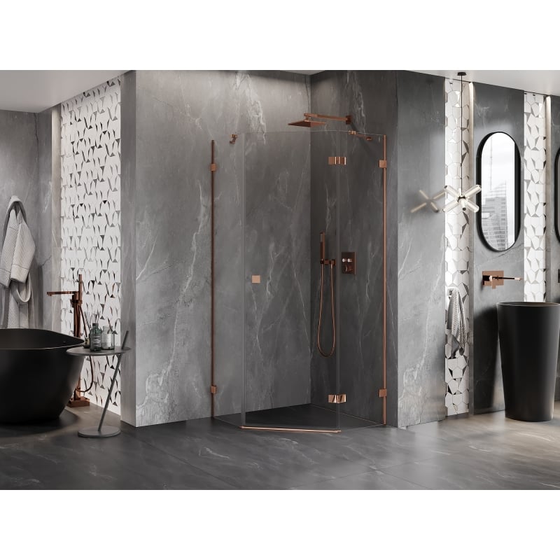 Mexen Lunar cabine de douche pentagonale pivotante droite 80 x 80 cm, transparent, or rose - 831-080P-080L-60-00-P