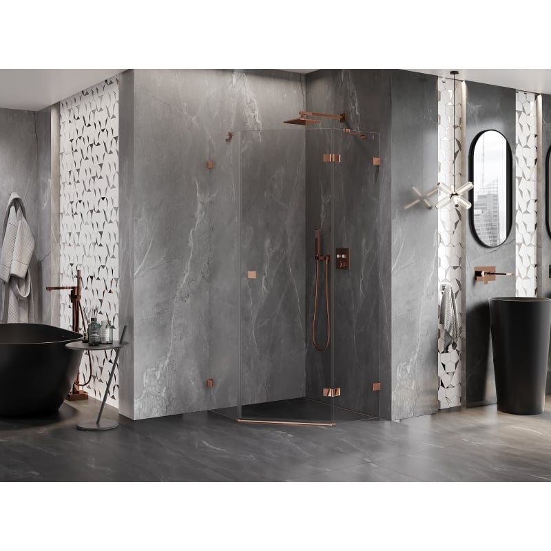 Mexen Lunar cabine de douche pentagonale pivotante droite 80 x 80 cm, transparent, or rose - 831-080P-080L-60-00-P