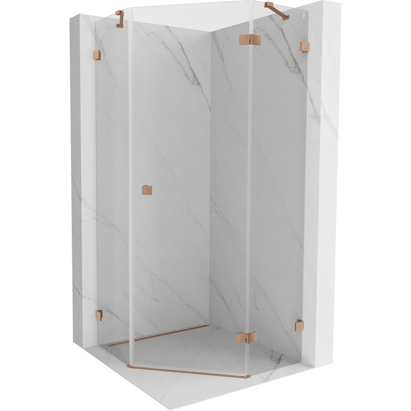 Mexen Lunar cabine de douche pentagonale à charnière droite 80 x 80 cm, transparente, cuivre brossé - 831-080P-080L-65-00-P