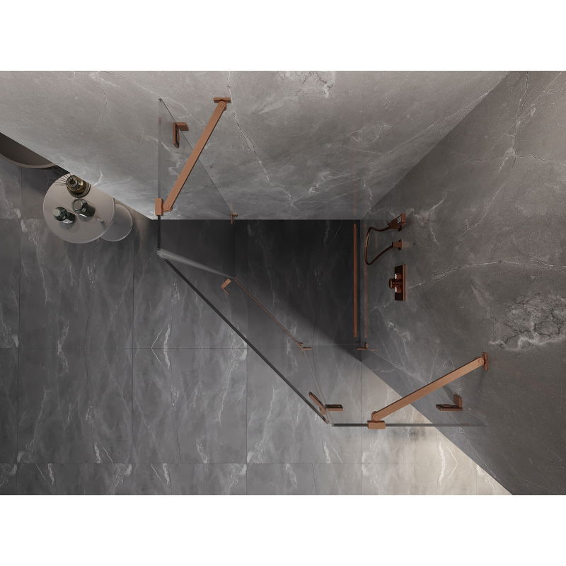 Mexen Lunar cabine de douche pentagonale pivotante à droite 90 x 90 cm, transparent, cuivre brossé - 831-090P-090L-65-00-P