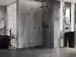 Mexen Lunar cabine de douche pentagonale pivotante droite 90 x 90 cm, transparente, noire - 831-090P-090L-70-00-P
