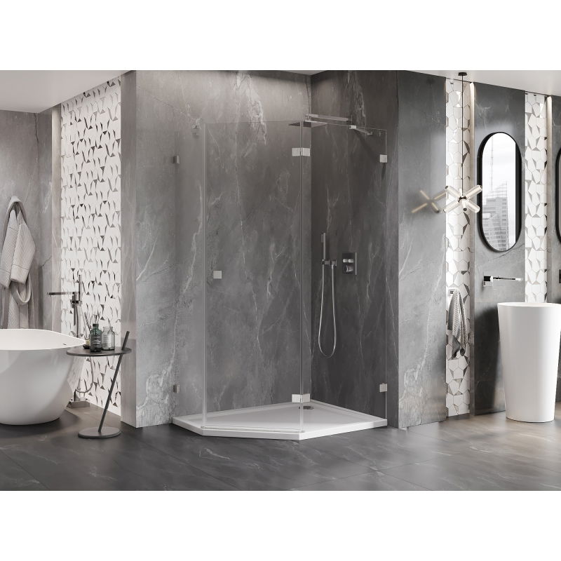Mexen Lunar cabine de douche pentagonale ouvrante droite 90 x 80 cm, transparent, nickel brossé - 831-090P-080L-97-00-P
