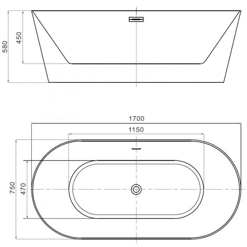Mexen Luna Slim baignoire autoportante 170 x 75 cm, blanche, trop-plein gun gray brossé - 52041707500-66