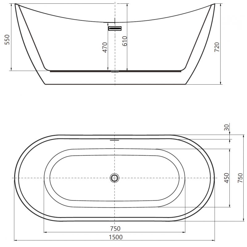 Mexen Lotos baignoire autoportante 150 x 75 cm, blanc/noir, trop-plein doré - 52051507775-50